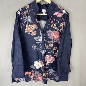 Chicos No Iron Chic Stretch Tunic Size 3  Large Blue Floral Print Collarless